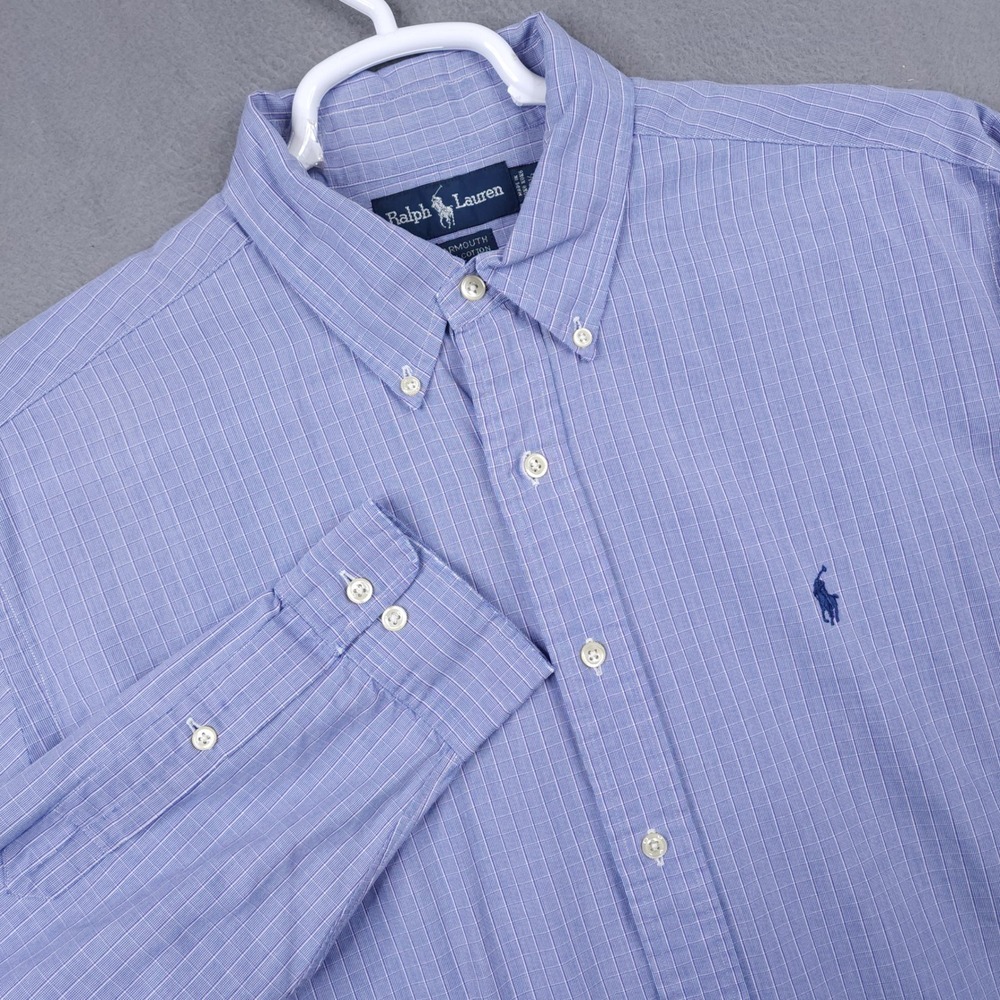 Ralph Lauren Yarmouth Men 16.5 34/35 Blue Micro Grid Cotton Button Down Shirt